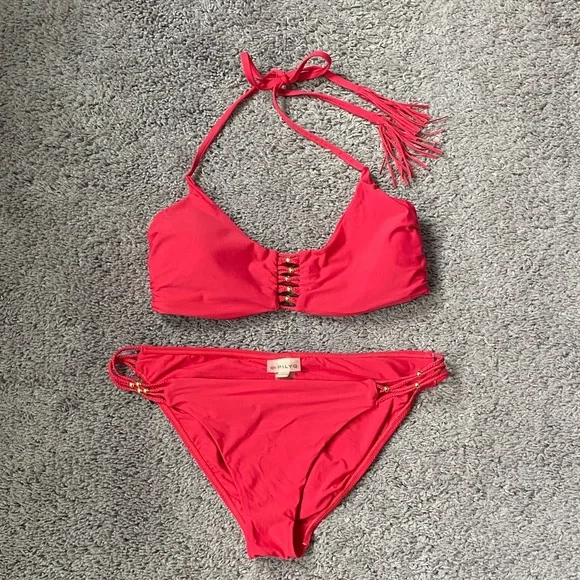 Pilyq Coral Red Bikini Set/PilyQ Rouge Braided Zen Bikini - Picture 1 of 10